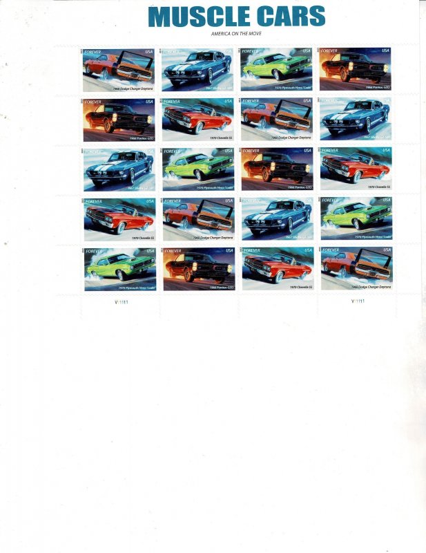 Muscle Cars Forever US Postage Sheet of 20 stamps #4743-47 VF MNH