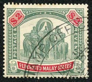 Federated Malay States SG49 Two Dollars Green and Carmine Wmk Mult CA