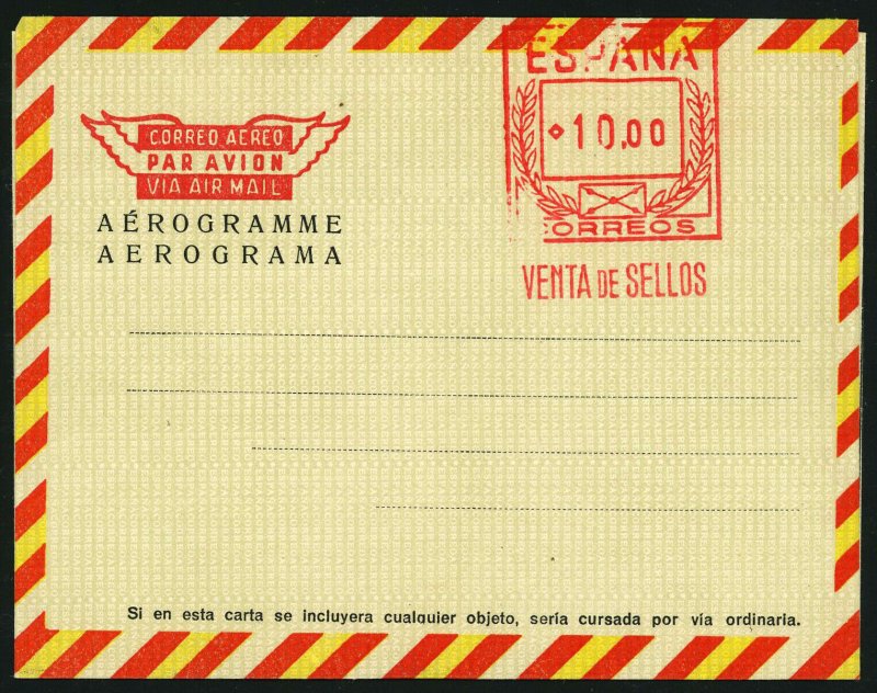 Spain #103a Aerogramme 10.00p Postage Stamp Cover Europe Airmail Mint