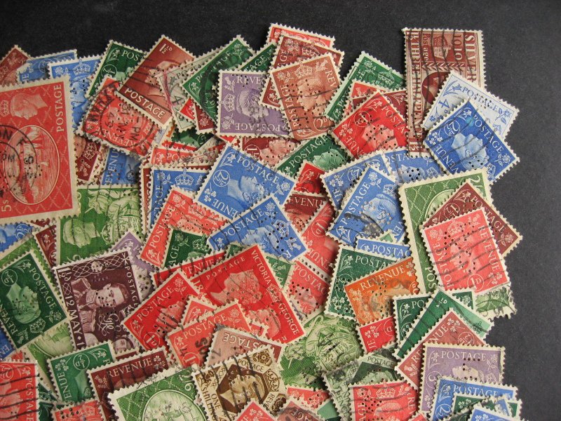 Great Britain 200 perfins mostly KEVIII, KGVI era mixture(duplicates,mixed cond)