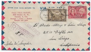 1930 Toronto, Canada to San Diego, Calif Registered Airmail 6c A/M ... (56785)