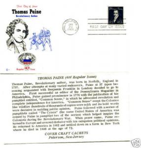 1292 Thomas Paine, Cover Craft Cachets, (CCC), FDC