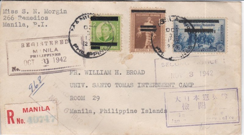 Philippines # N1, N4 & N3 Censored Cover addressed to St. Tomas Internment  Camp