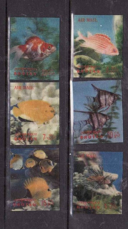 Bhutan-Sc#100-100E-unused NH set-3-D stamps-Fish-Marine Life-1969-