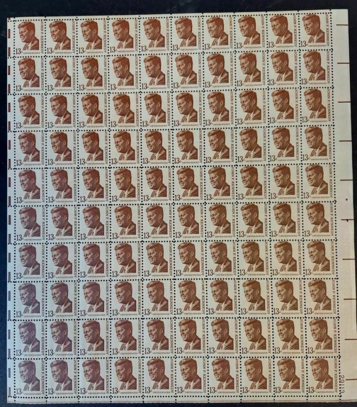 US #1287, 13¢ JFK, Complete sheet of 100, og, NH, VF