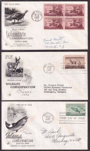 1956 Wildlife Conservation 1077 1078 1079 FDC Salmon Turkey Antelope Art Craft