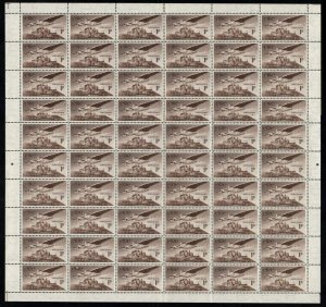 1949 Airmail 1d sepia complete sheet, U/M mint, folded once in the middle.