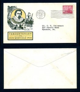 # 736 First Day Cover with LinPrint cachet Saint Marys City, MD - 3-23-1934 - #1