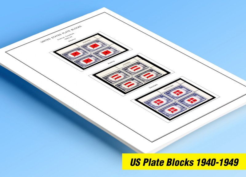 COLOR PRINTED US PLATE BLOCKS 1940-1949 STAMP ALBUM PAGES (45 illustrated pages)