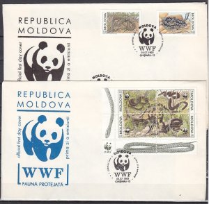 Moldova, Scott cat. 72 a-d, 73-74. WWF-Snakes issue. First day covers.