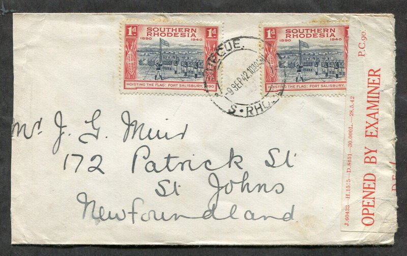 p433 - SOUTHERN RHODESIA 1942 CENSORED Cover to NEWFOUNDLAND