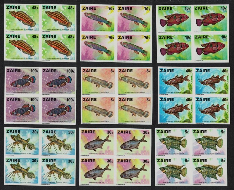 Zaire Fish 9v IMPERF Blocks of 4 1978 MNH SC#862-870 SG#905-913 MI#548-556