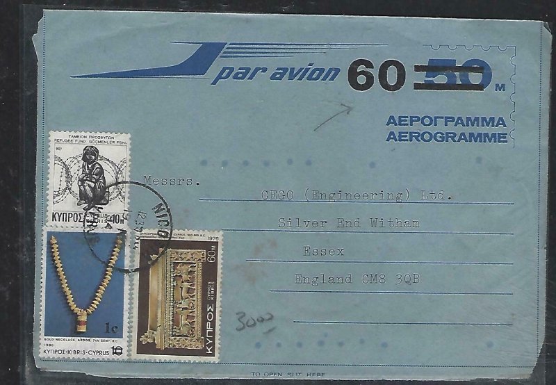 CYPRUS (P2408B) COVER 1984 60M/50M+ 3 STAMPS   AEROGRAM FROM NICOSIA TO ENGLAND