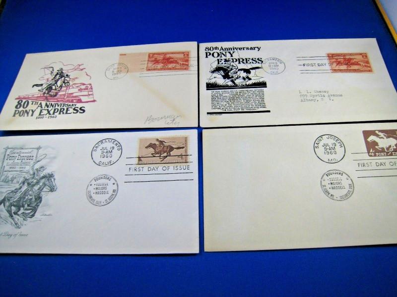 U.S. FIRST DAY COVER SETS - LOT of 4 -1940 & 1960 - PONY EXPRESS     (FDC-1x)