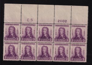 1933 General Oglethorpe Sc 726 MNH OG plate block of 10 with C. S.  (F