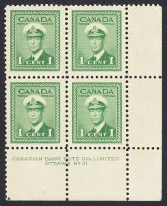 Scott 249  King George VI  1¢  Plate Block of 4  Mint Never Hinged