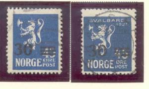 Norway Sc 129-30 1927 30 ore on 45 ore lion ovpt stamp se...