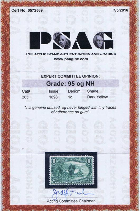 SCOTT# 285 OG NH 1c MARQUETTE ON THE MISSISSIPPI, 1898, PSAG CERT, GRADED 95!