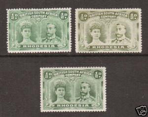 Rhodesia SG 120-122 MOG. 1910 ½p Double Heads, 3 diff colors, F-VF