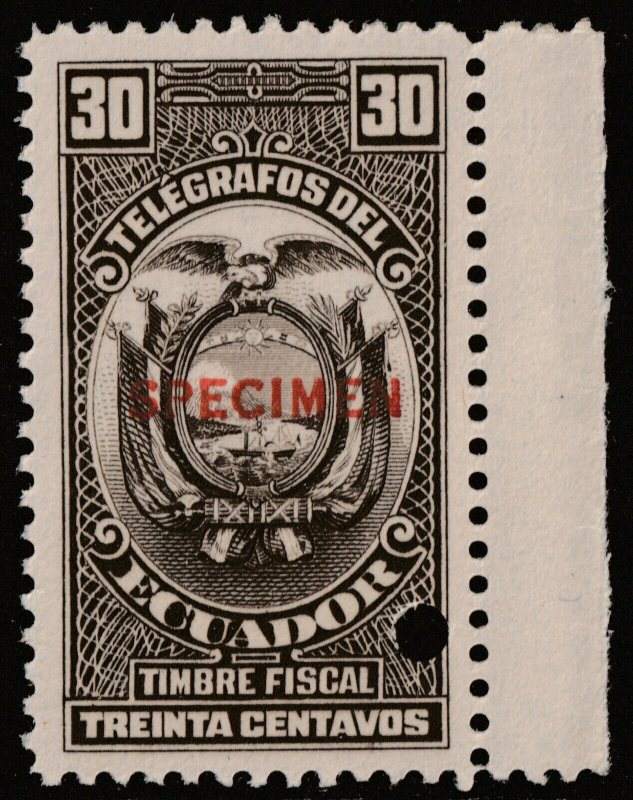 ✔️ ECUADOR 1928 FISCAL TELEGRAPH SPECIMEN & PUNCH  HISC. 91 MNH [038] RARITY