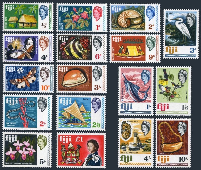 Fiji 240-256, MNH.Mi 212-228. QE II, 1968. Orchid, Shell, Birds, Moth,Fish,Arms.