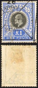 Natal SG142 One Pound Black and Bright Blue Fiscal Cancel