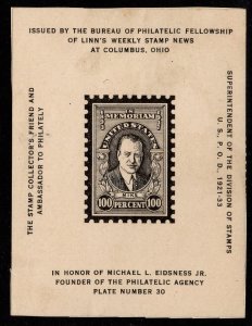 1937 US Cinderella Michael L Eidsness Jr.  Memorial Sheet Linn's Weekly MNH