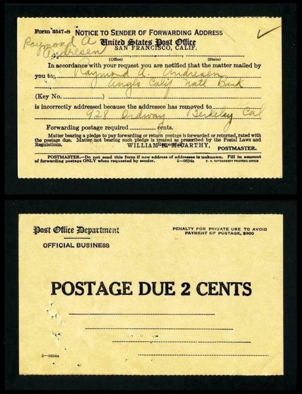 Notice of Forwarding address from San Francisco, California dated 1940's