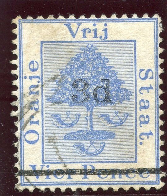 Orange Free State 1882 QV 3d on 4d ultramarine (SG Type 3a) VFU. SG 38. Sc 23.