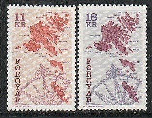 1997 Faroe Islands - Sc 319-20 - MNH VF - 2 single - Map