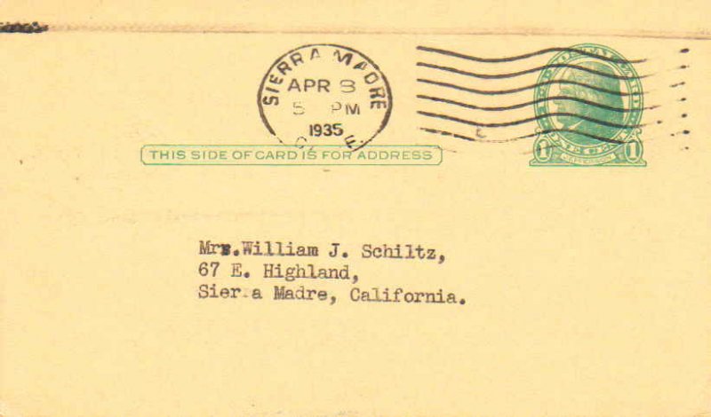 United States California Sierra Madre, Calif. 1935 Columbia Machine Type G1W ...