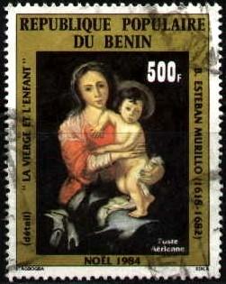 Christmas Painting, Virgin & Child, by Murillo, Benin stamp SC#C327 Used