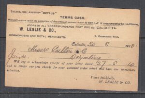 INDIA, POSTAL CARD  PTPO, 1910 1/4a., W. LESLIE & Co. CALCUTTA, used.