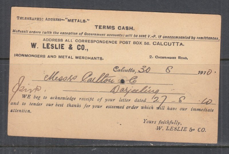 INDIA, POSTAL CARD  PTPO, 1910 1/4a., W. LESLIE & Co. CALCUTTA, used.