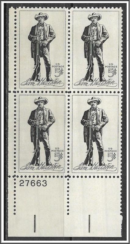 US Plate Block #1242 Sam Houston MNH