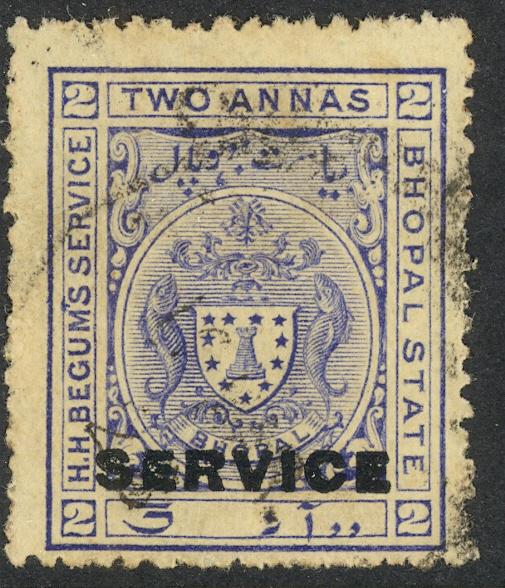 INDIA IFS BHOPAL 1908 2a Blue OFFICIAL Scott No. O3 VFU