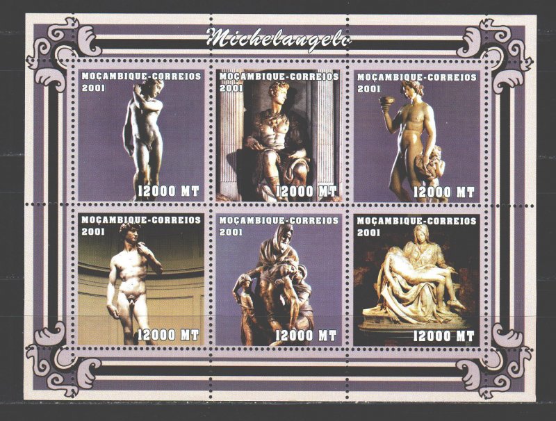 Mozambique. 2001. Small sheet 2127-32. Michelangelo, sculptures. MNH.