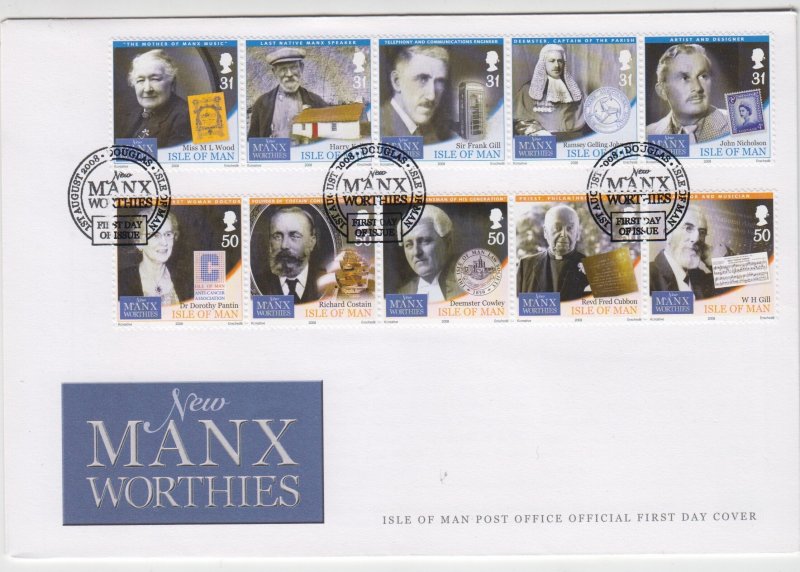 Isle of Man -  2008,  Manx Worthies set of 10,  on FDC