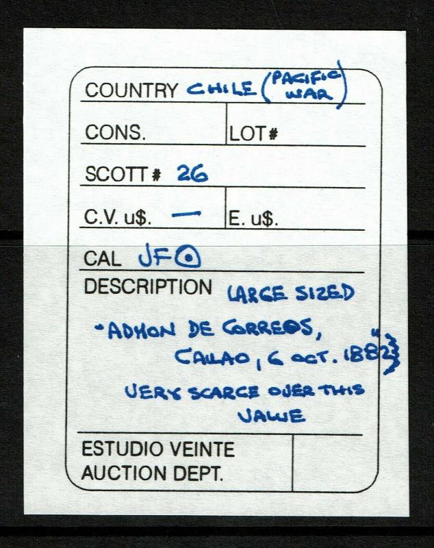 Chile SC# 26 Used ADNON DE CORREOS War Cancel / Ex Estudio 20 - S7415