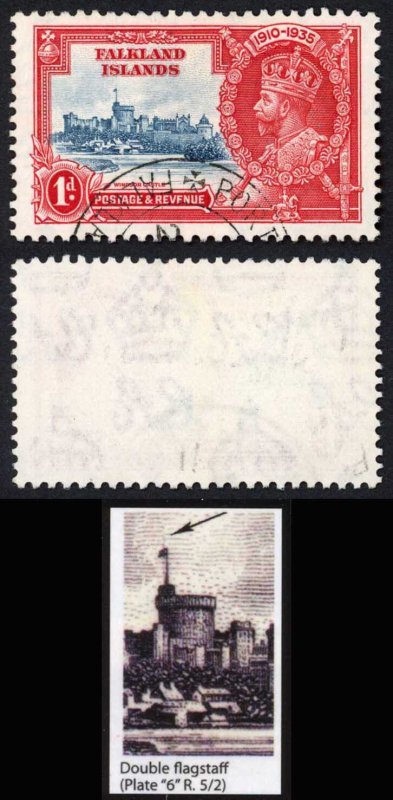 Falkland Islands 1935 Silver Jubilee 1d Variety Double Flagstaff SG139e