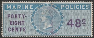 STRAITS SETTLEMENTS 1869 QV Marine Policies 48c blue & violet revenue, perf 14.