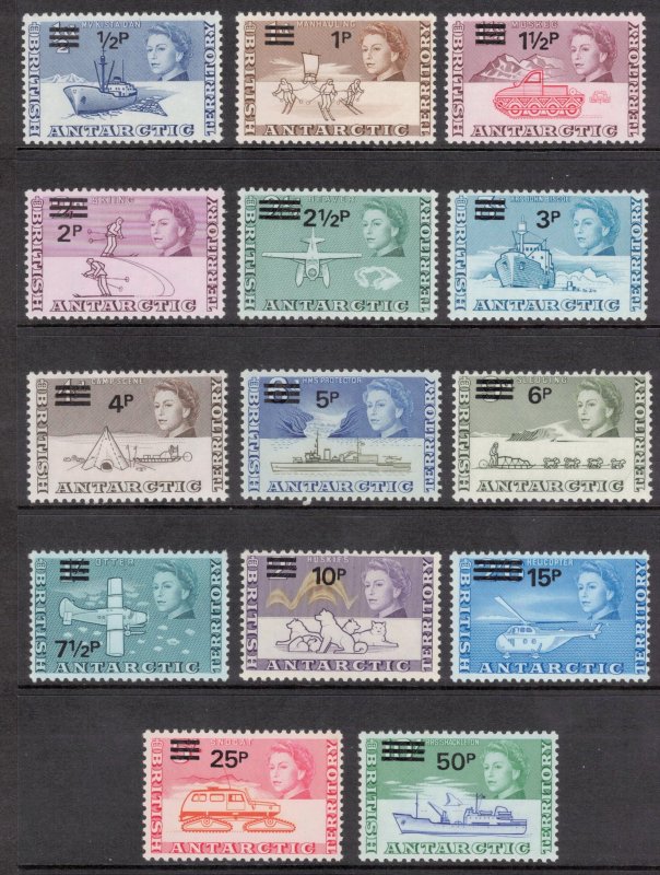 BRITISH ANTARCTIC 1971 Surcharges; Scott 25-38, SG 24-37; MNH