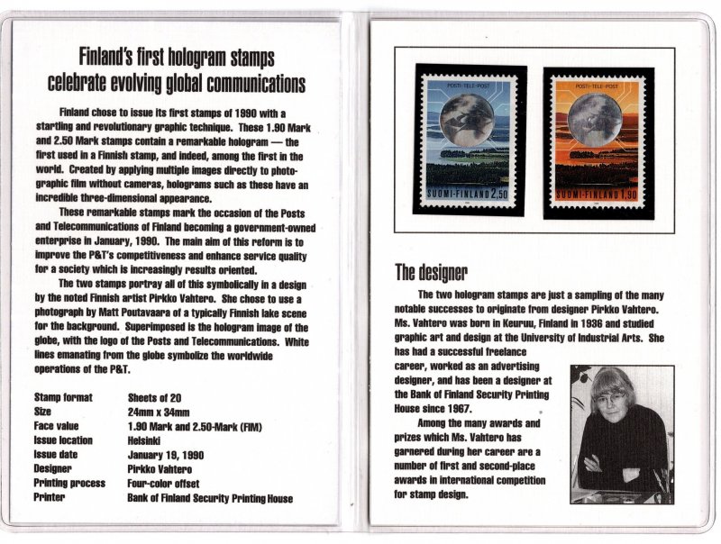 Finland 1990 Scott #- 810-811 First Hologram Stamps w/Presentation Booklet MNH