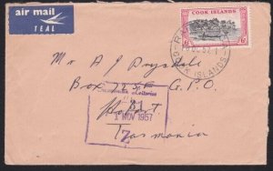 COOK IS 1957 cover to Tasmanaia ex Rarotonga...............................A7889