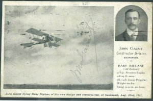 GB PIONEER AVIATION Card JOHN GAUNT Constructor SIGNED Southport 1911 948c