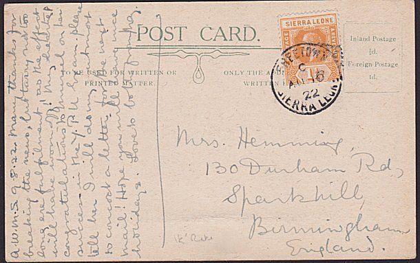 SIERRA LEONE 1922 GV 1½d on postcard (view of Matimba) used to UK...........7612