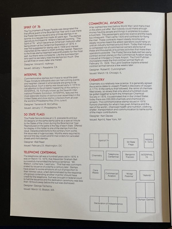 1976 Mint Set of Commemorative Stamps,usps,postage Stamps,item No. 934,21  Stamps in Folder,spirit of 76,olympic Games,chemistry,interphil 76 