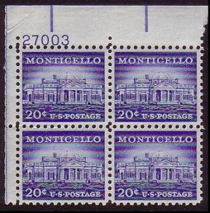 USA Monticello 20c Plate Block 1956 MNH SG#1047 MI#669A