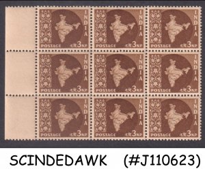 INDIA - 1957 3np MAP OF INDIA SG#377 - BLOCK OF 9 - MINT NH