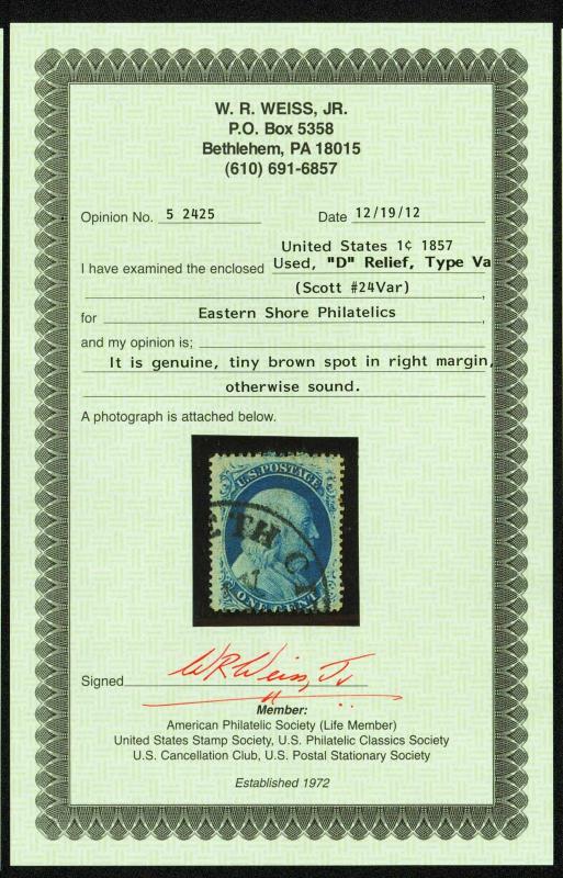 US.#24 TYPE Va D RELIEF WEISS CERT -RARE REGULAR ISSUE F/VF $700.00 (ESP#5111)